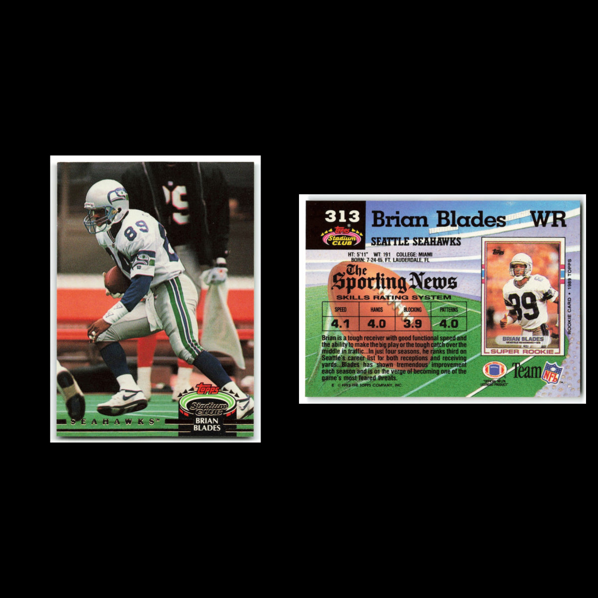 Brian Blades #313 1992 Topps Stadium Club Seattle Seahawks Football Card NFL NM