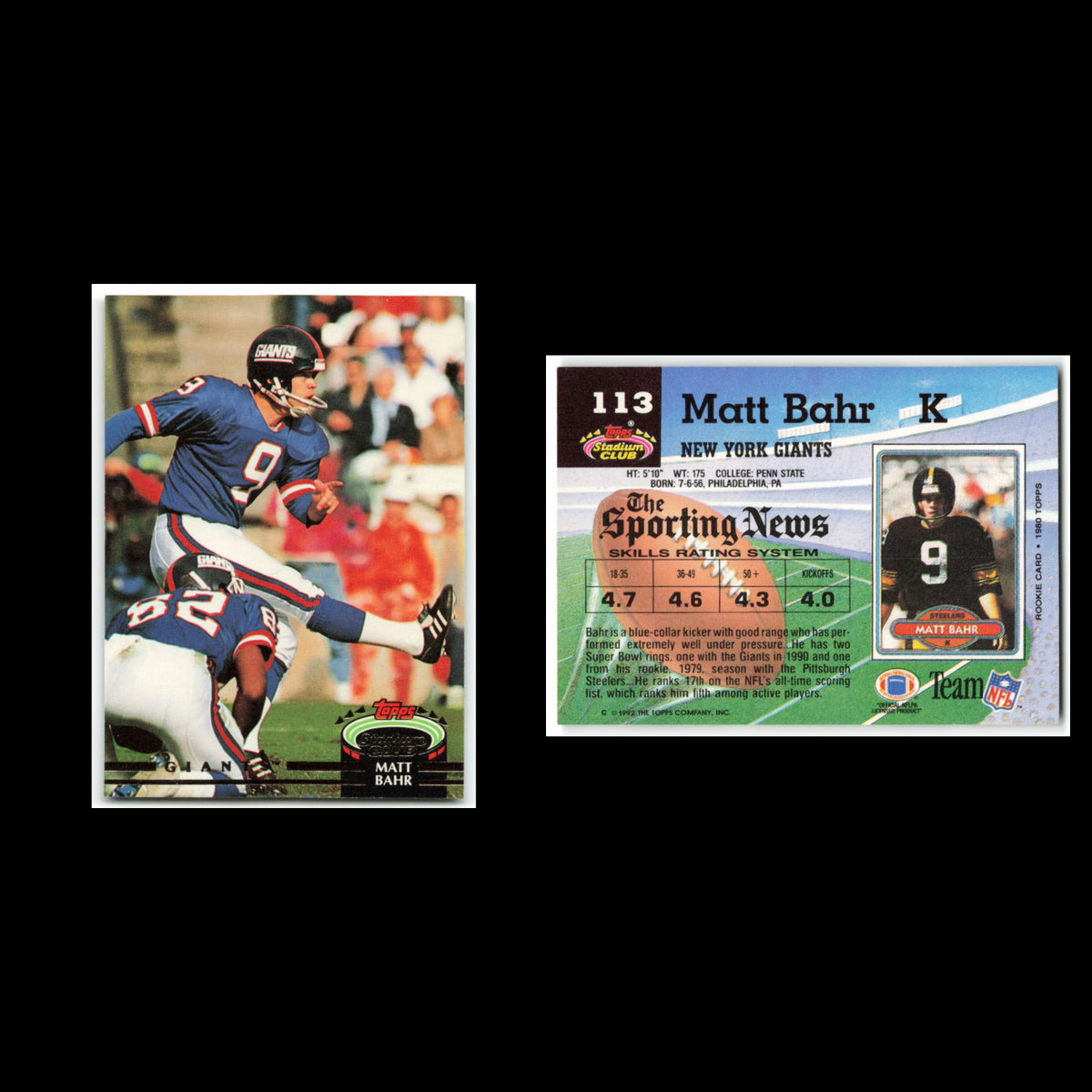 Matt Bahr #113 1992 Topps Stadium Club New York Giants Football Card NFL NM