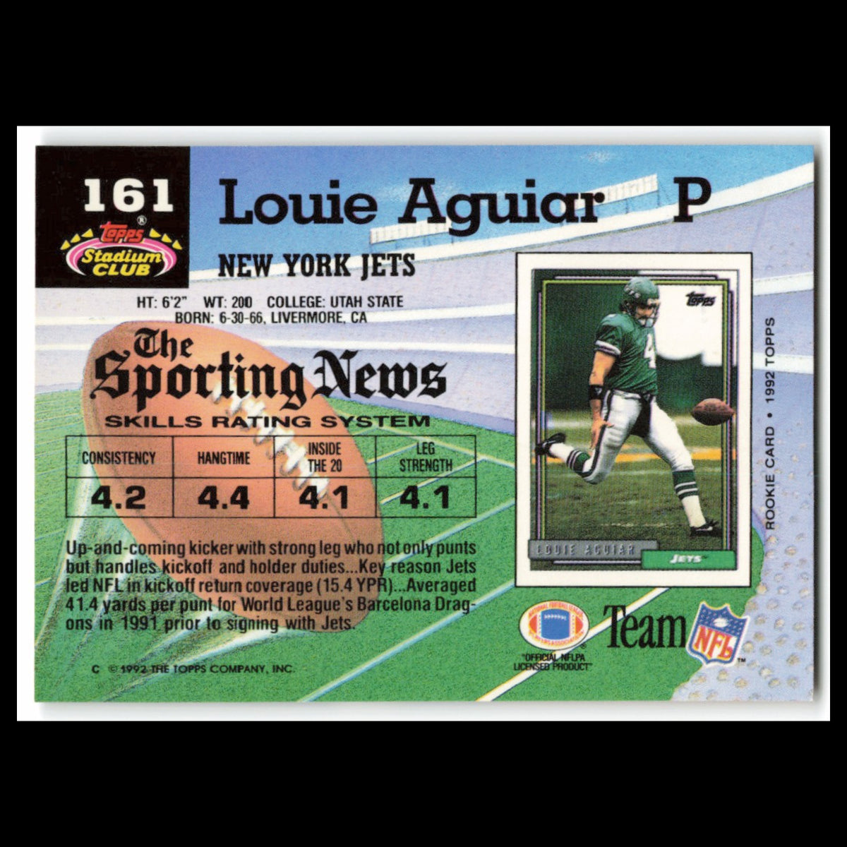 Louie Aguiar Rookie #161 1992 Topps Stadium Club New York Jets Football Card NFL