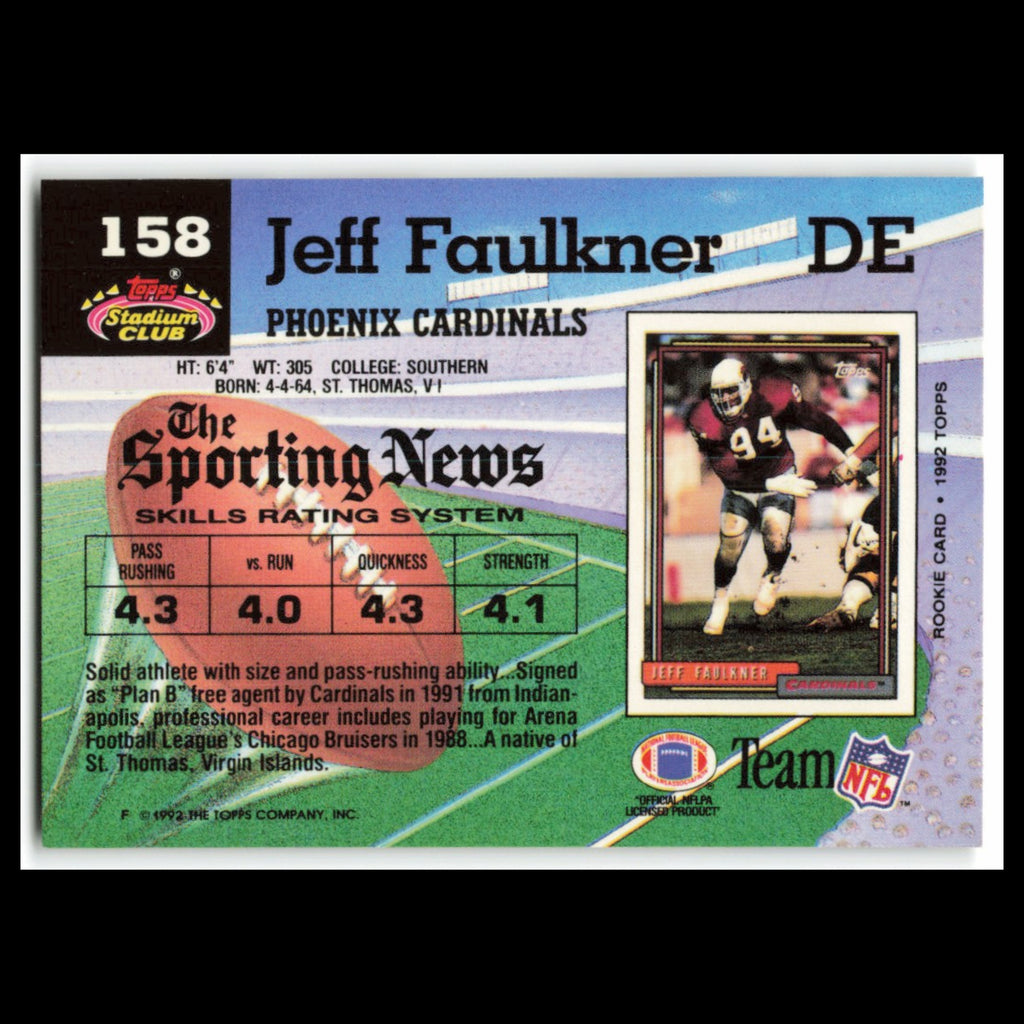 Jeff Faulkner #158 1992 Topps Stadium Club Phoenix Cardinals Football Card NFL