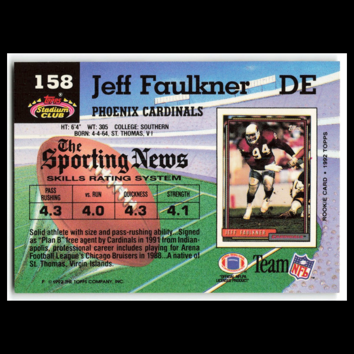 Jeff Faulkner #158 1992 Topps Stadium Club Phoenix Cardinals Football Card NFL