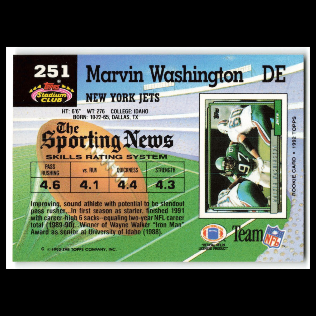 Marvin Washington #251 1992 Topps Stadium Club New York Jets Football Card NFL