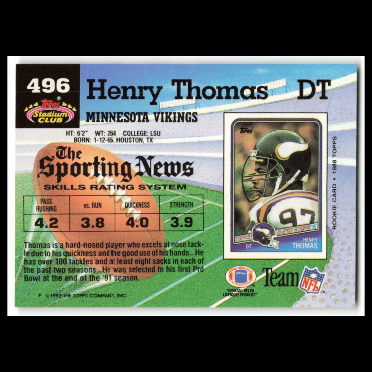 Henry Thomas #496 1992 Topps Stadium Club Minnesota Vikings Football Card NFL NM