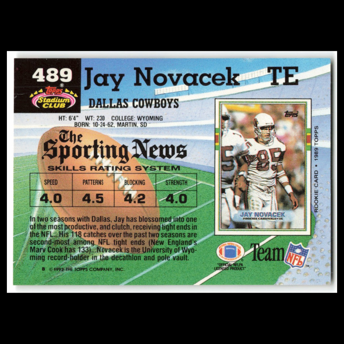 Jay Novacek #489 1992 Topps Stadium Club Dallas Cowboys Football Card NFL NM
