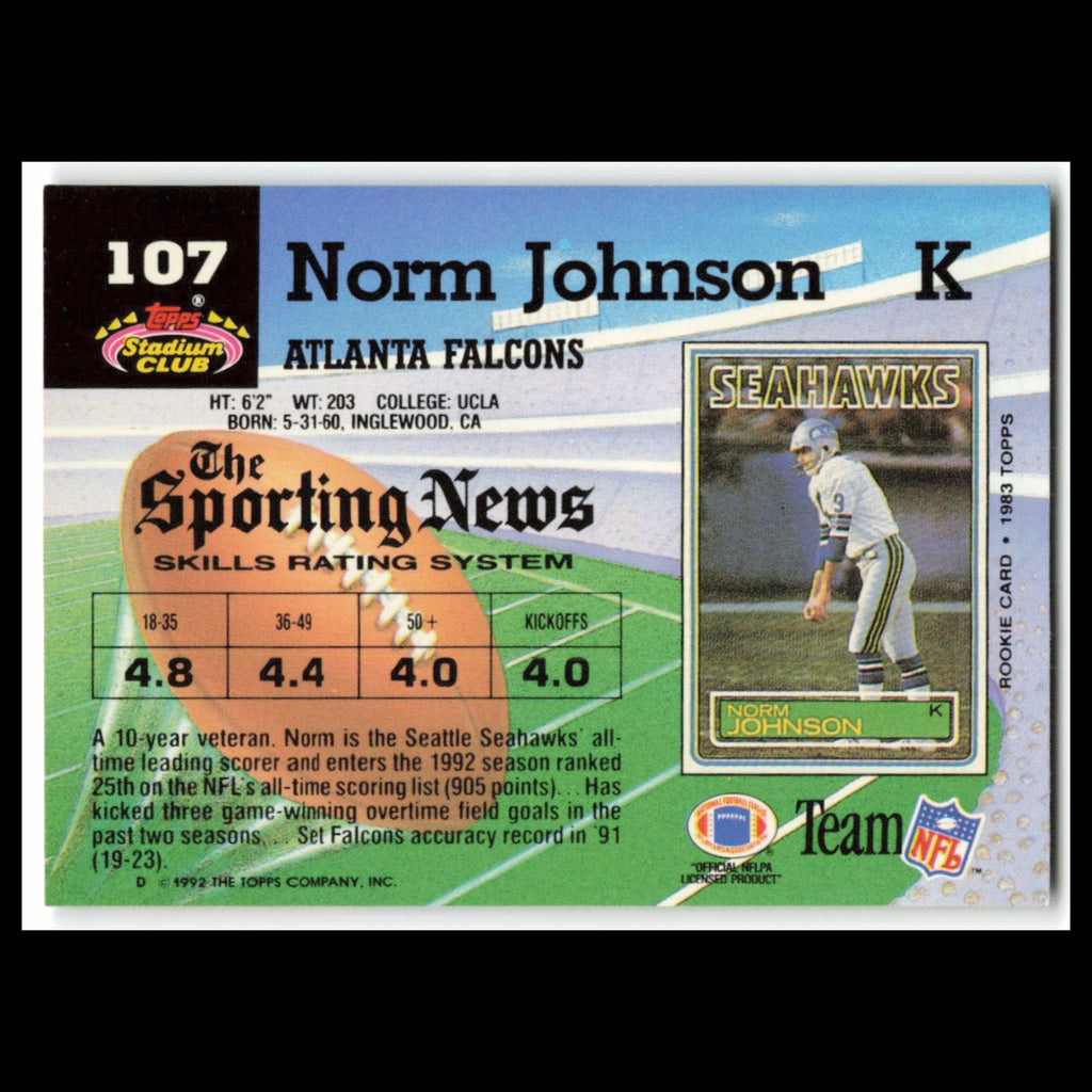 Norm Johnson #107 1992 Topps Stadium Club Atlanta Falcons Football Card NFL NM