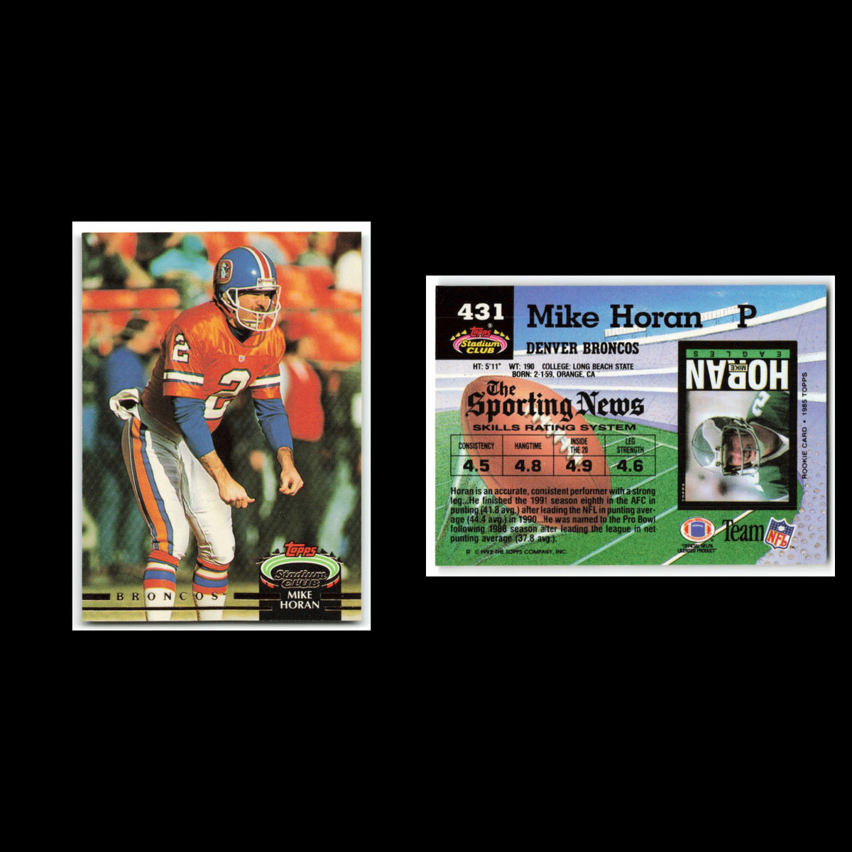 Mike Horan #431 1992 Topps Stadium Club Denver Broncos Football Card NFL NM