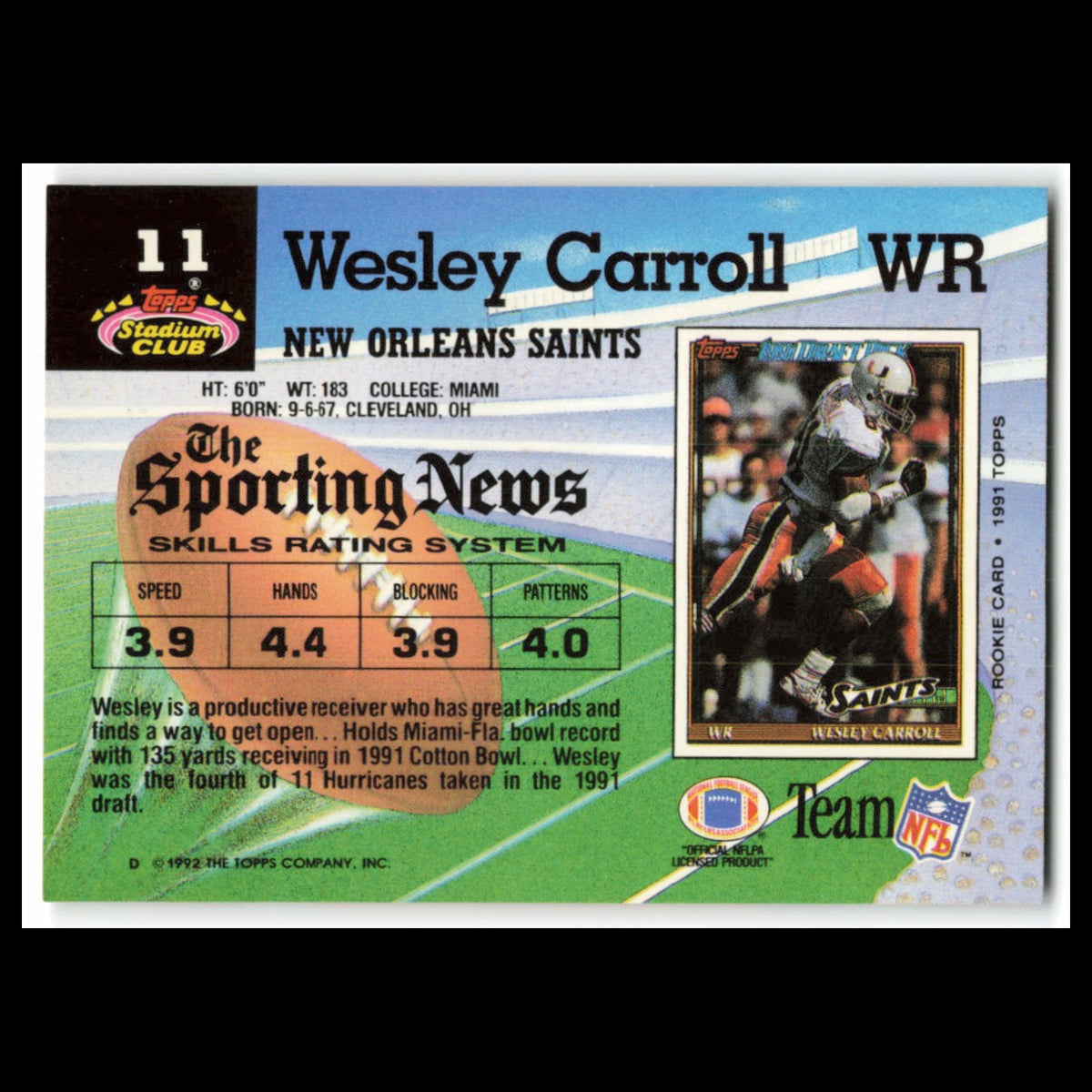 Wesley Carroll #11 1992 Topps Stadium Club New Orleans Saints Football Card NFL