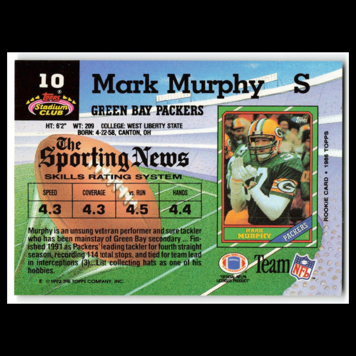 Mark Murphy #10 1992 Topps Stadium Club Green Bay Packers Football Card NFL NM