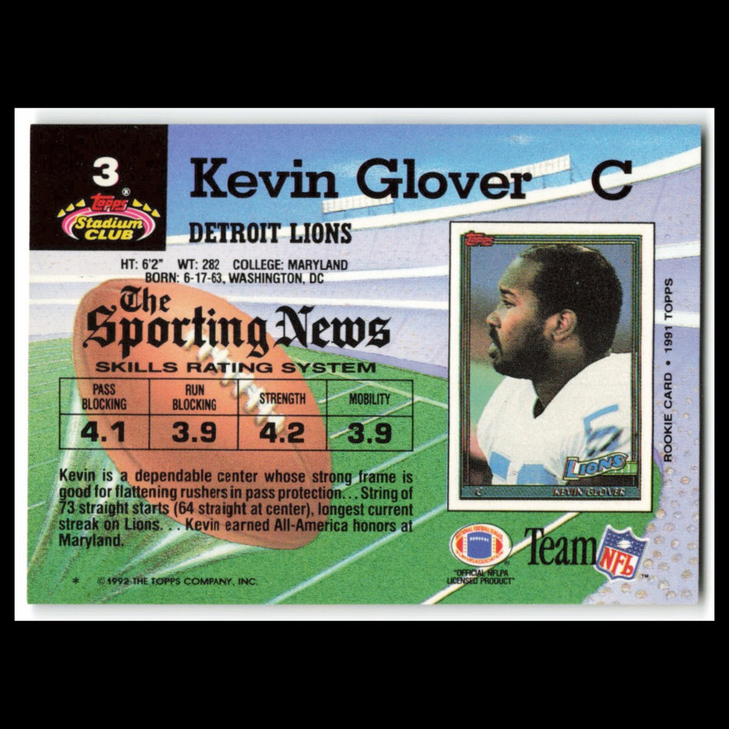 Kevin Glover #3 1992 Topps Stadium Club Detroit Lions Football Card NFL NM