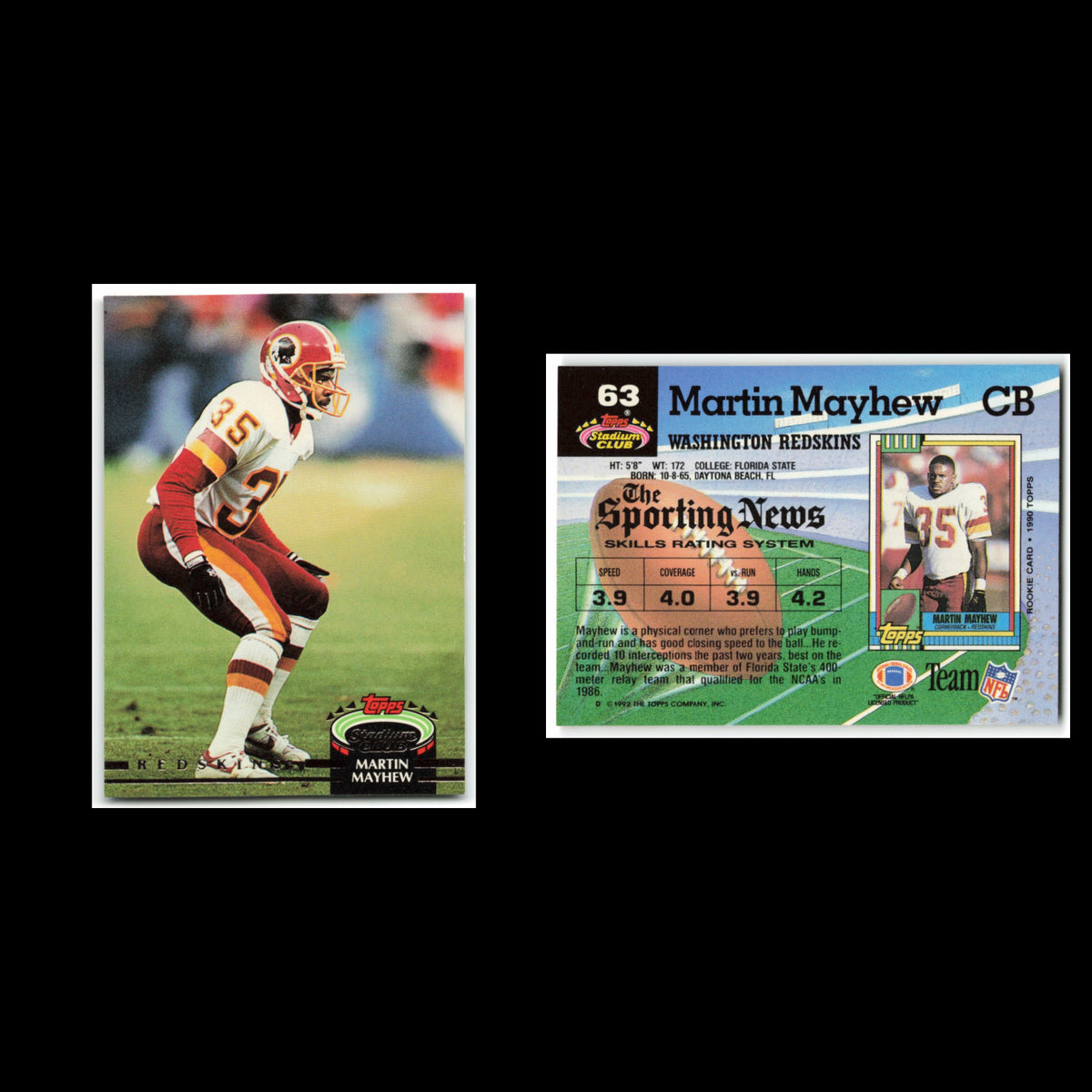 Martin Mayhew #63 1992 Topps Stadium Club Washington Redskins Football Card NFL