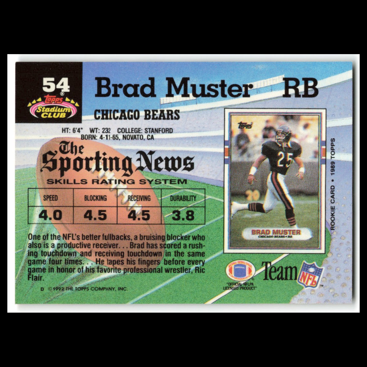 Brad Muster #54 1992 Topps Stadium Club Chicago Bears Football Card NFL NM