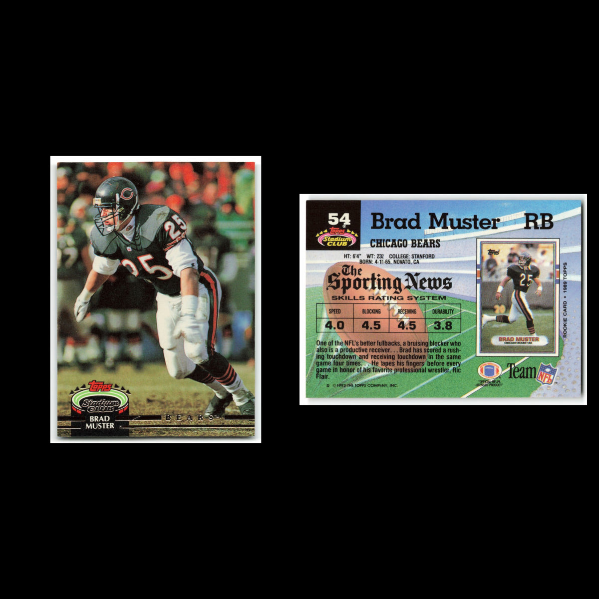 Brad Muster #54 1992 Topps Stadium Club Chicago Bears Football Card NFL NM