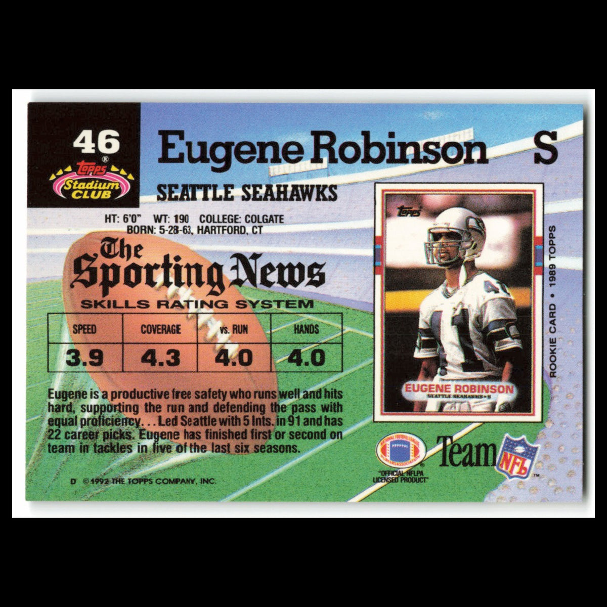 Eugene Robinson #46 1992 Topps Stadium Club Seattle Seahawks Football Card NFL