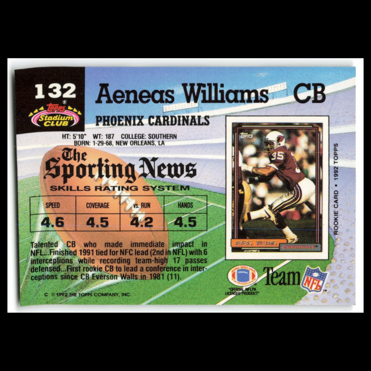 Aeneas Williams #132 1992 Topps Stadium Club Phoenix Cardinals Football Card NFL