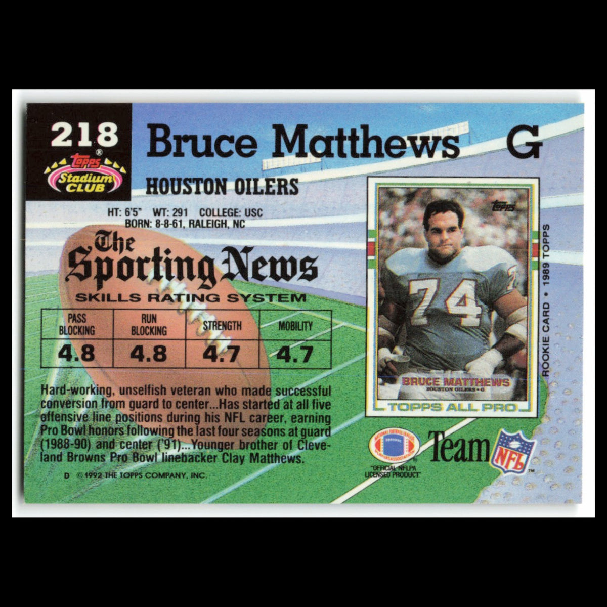 Bruce Matthews #218 1992 Topps Stadium Club Houston Oilers Football Card NFL NM