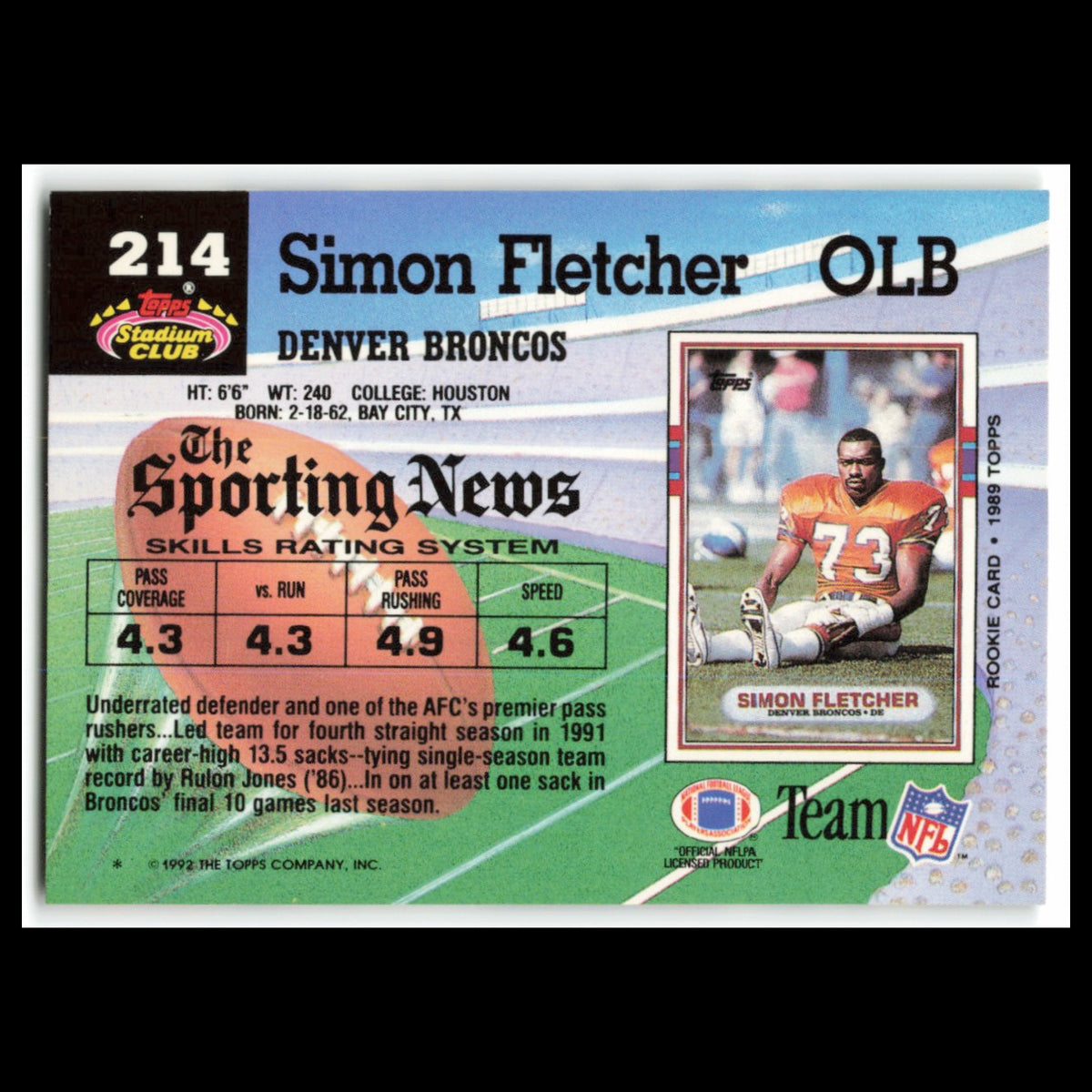 Simon Fletcher #214 1992 Topps Stadium Club Denver Broncos Football Card NFL NM