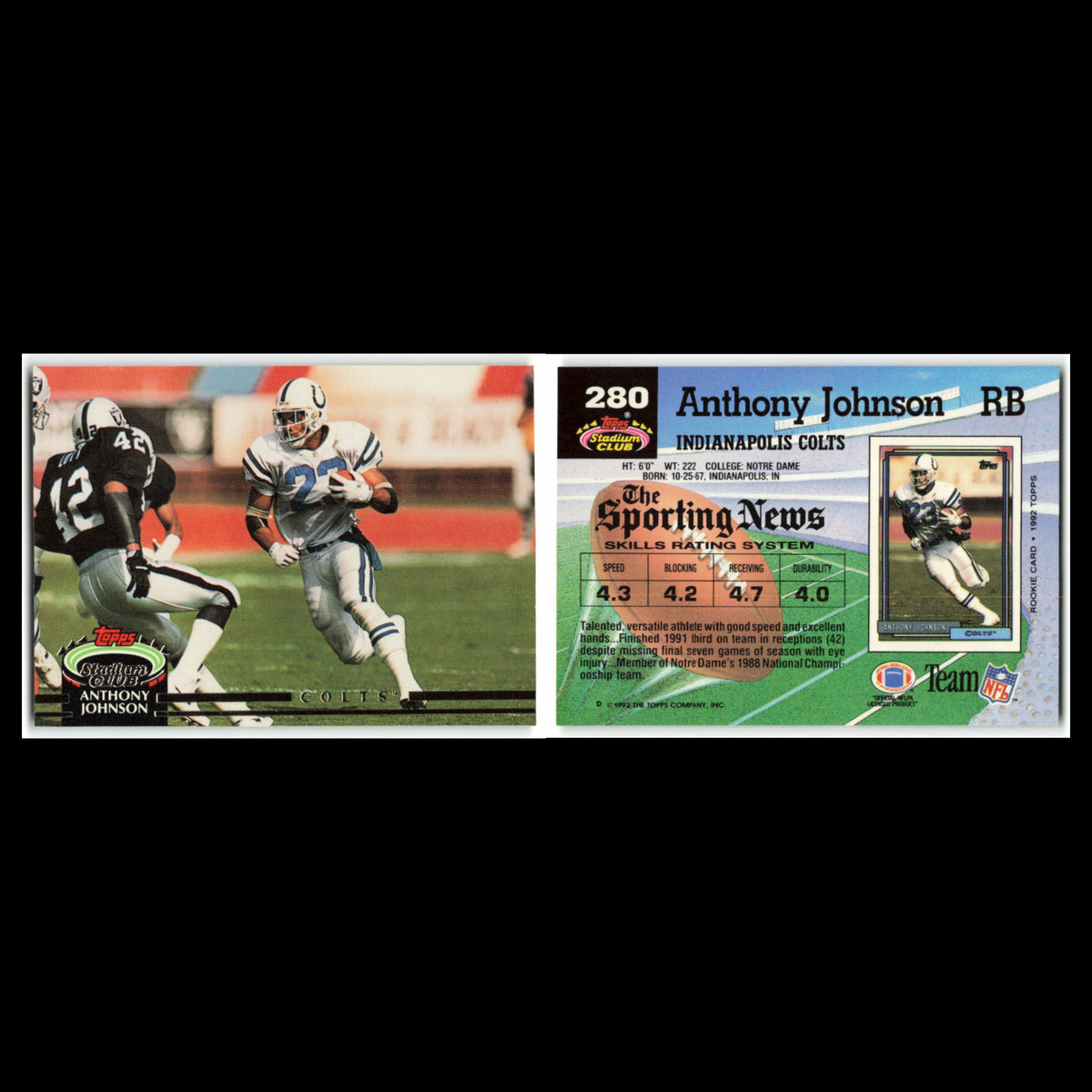 Anthony Johnson #280 1992 Topps Stadium Club Indianapolis Colts Football Card NM