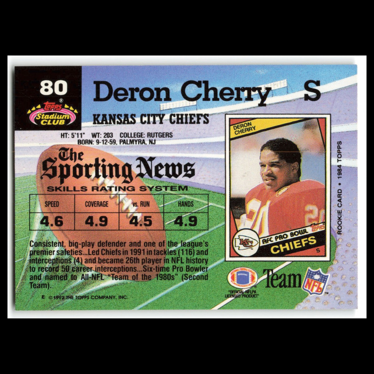 Deron Cherry #80 1992 Topps Stadium Club Kansas City Chiefs Football Card NFL NM