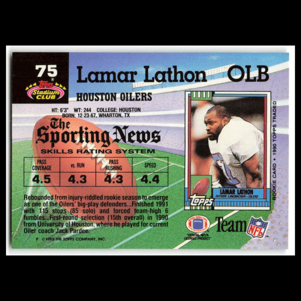 Lamar Lathon #75 1992 Topps Stadium Club Houston Oilers Football Card NFL NM