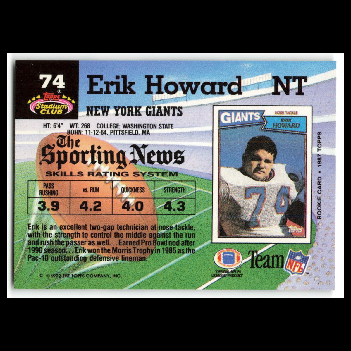 Erik Howard #74 1992 Topps Stadium Club New York Giants Football Card NFL NM