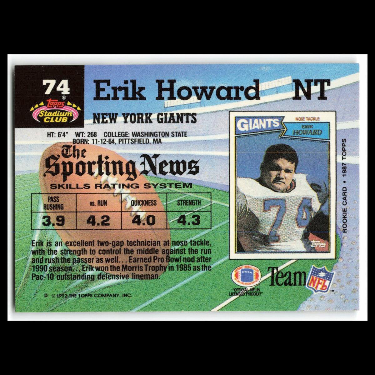Erik Howard #74 1992 Topps Stadium Club New York Giants Football Card NFL NM