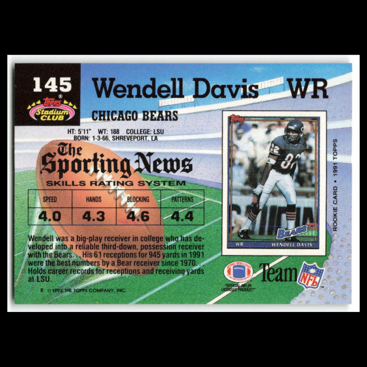 Wendell Davis #145 1992 Topps Stadium Club Chicago Bears Football Card NFL NM