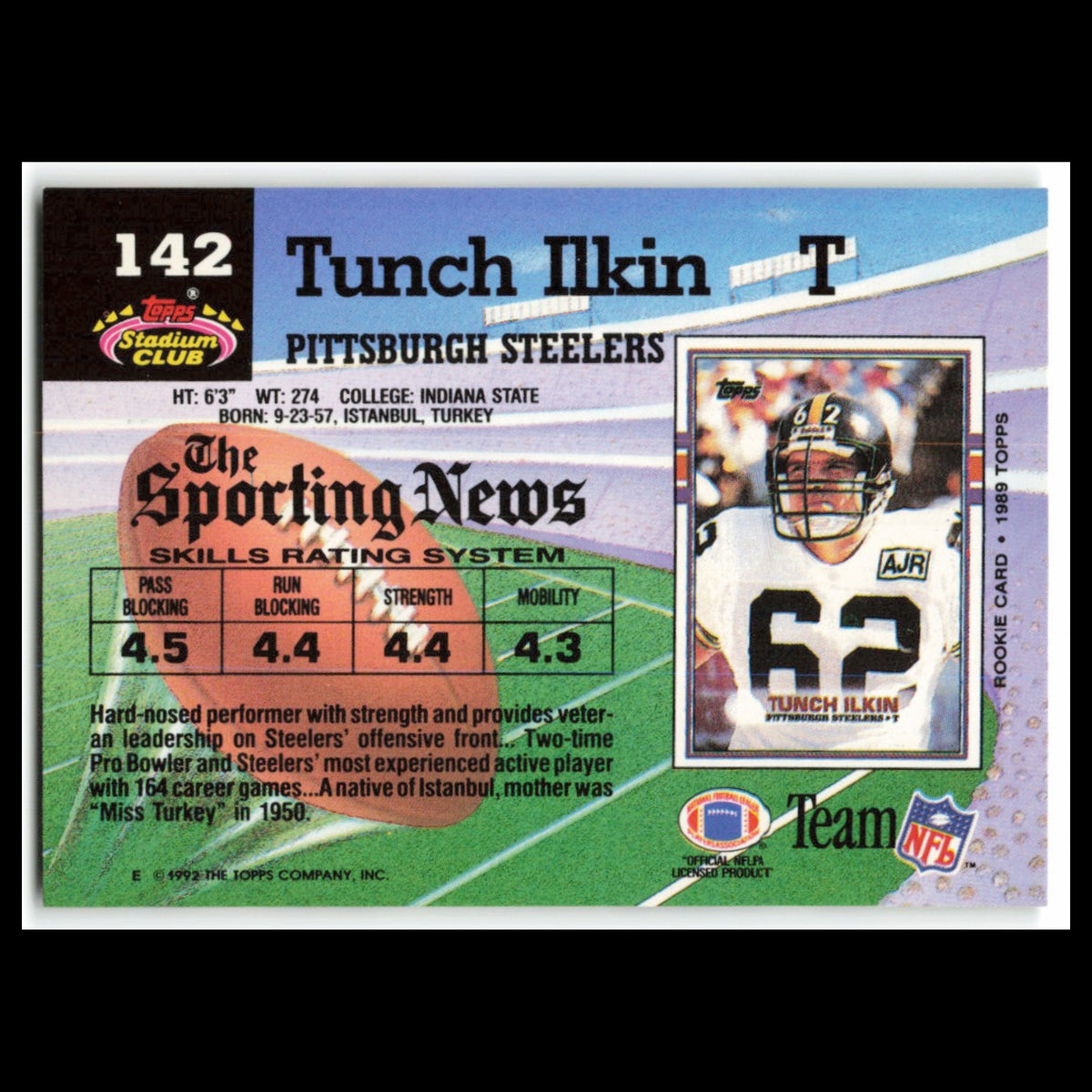 Tunch Ilkin #142 1992 Topps Stadium Club Pittsburgh Steelers Football Card NFL
