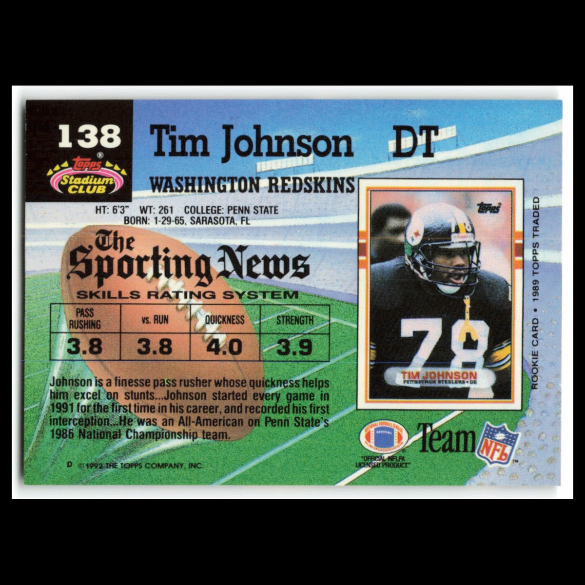 Tim Johnson #138 1992 Topps Stadium Club Washington Redskins Football Card NFL