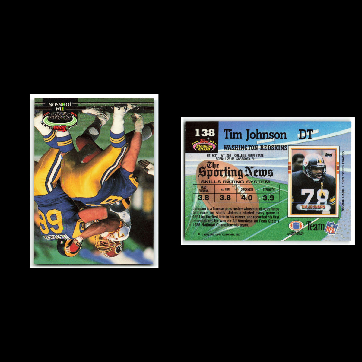 Tim Johnson #138 1992 Topps Stadium Club Washington Redskins Football Card NFL