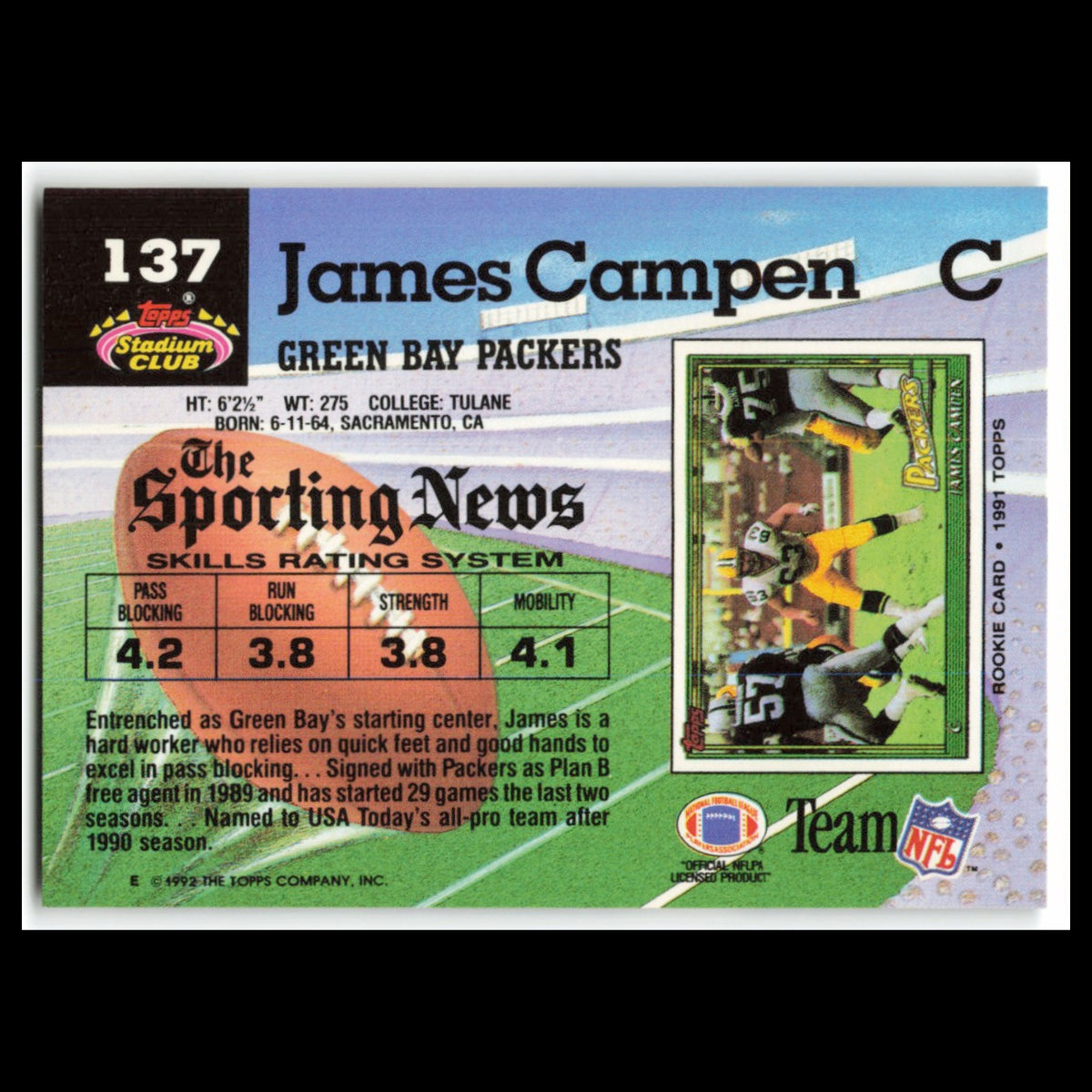James Campen #137 1992 Topps Stadium Club Green Bay Packers Football Card NFL NM
