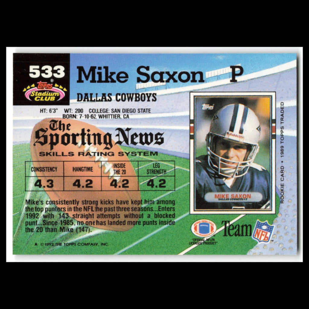 Mike Saxon #533 1992 Topps Stadium Club Dallas Cowboys Football Card NFL NM