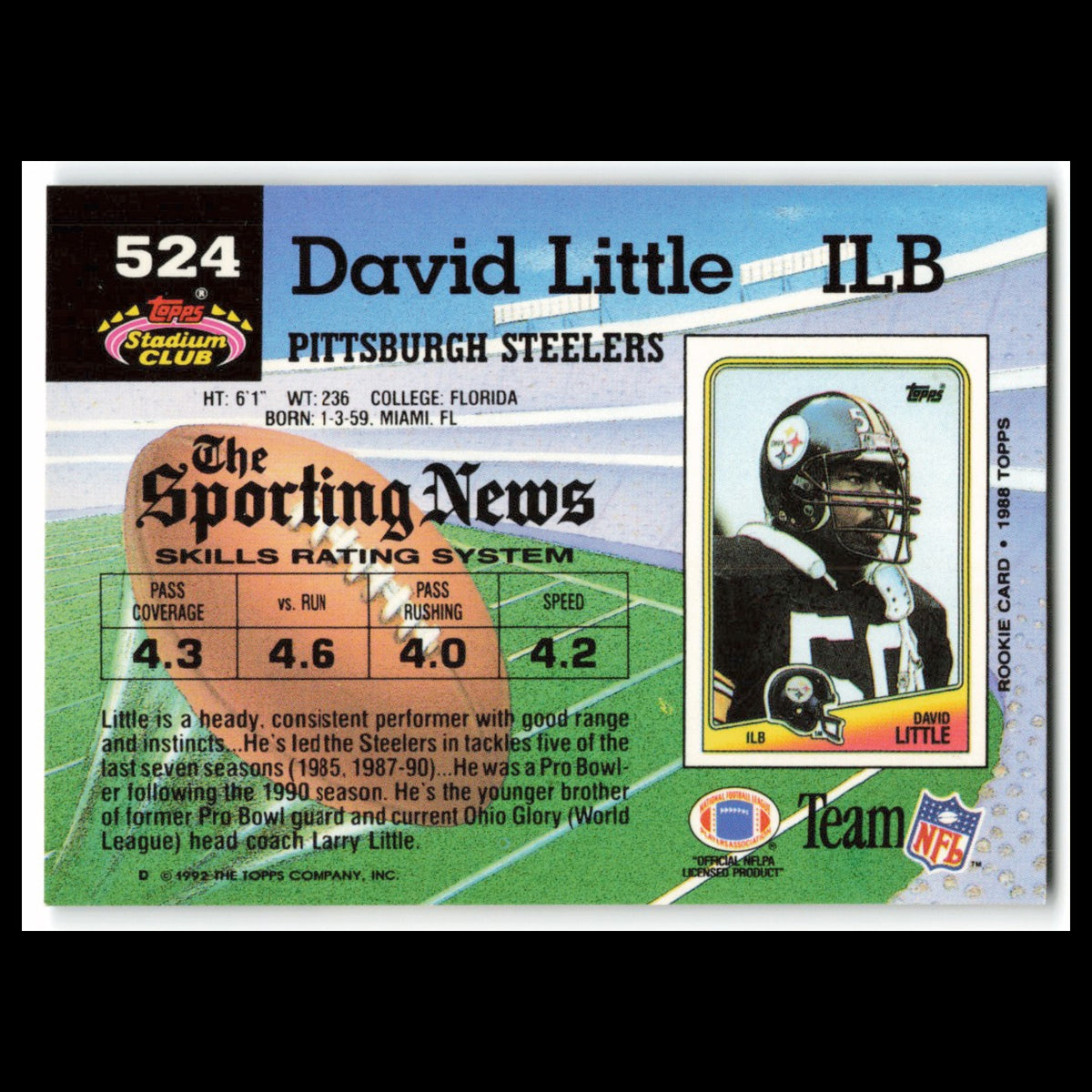 David Little #524 1992 Topps Stadium Club Pittsburgh Steelers Football Card NFL