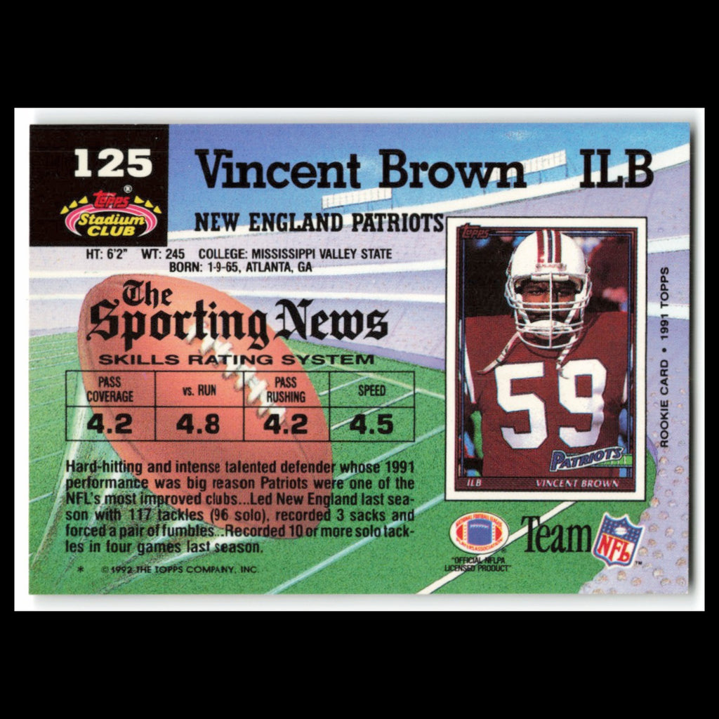 Vincent Brown #125 1992 Topps Stadium Club New England Patriots Football Card NM