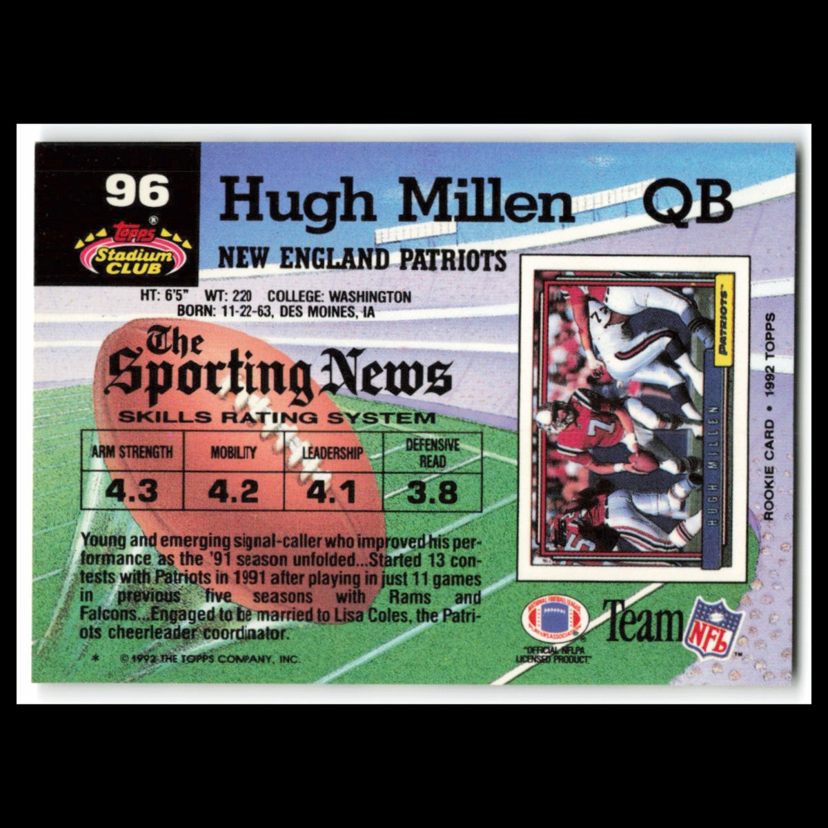 Hugh Millen #96 1992 Topps Stadium Club New England Patriots Football Card NFL