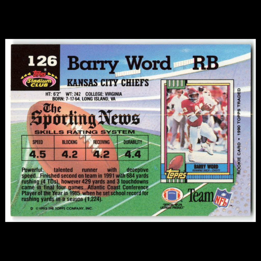 Barry Word #126 1992 Topps Stadium Club Kansas City Chiefs Football Card NFL NM