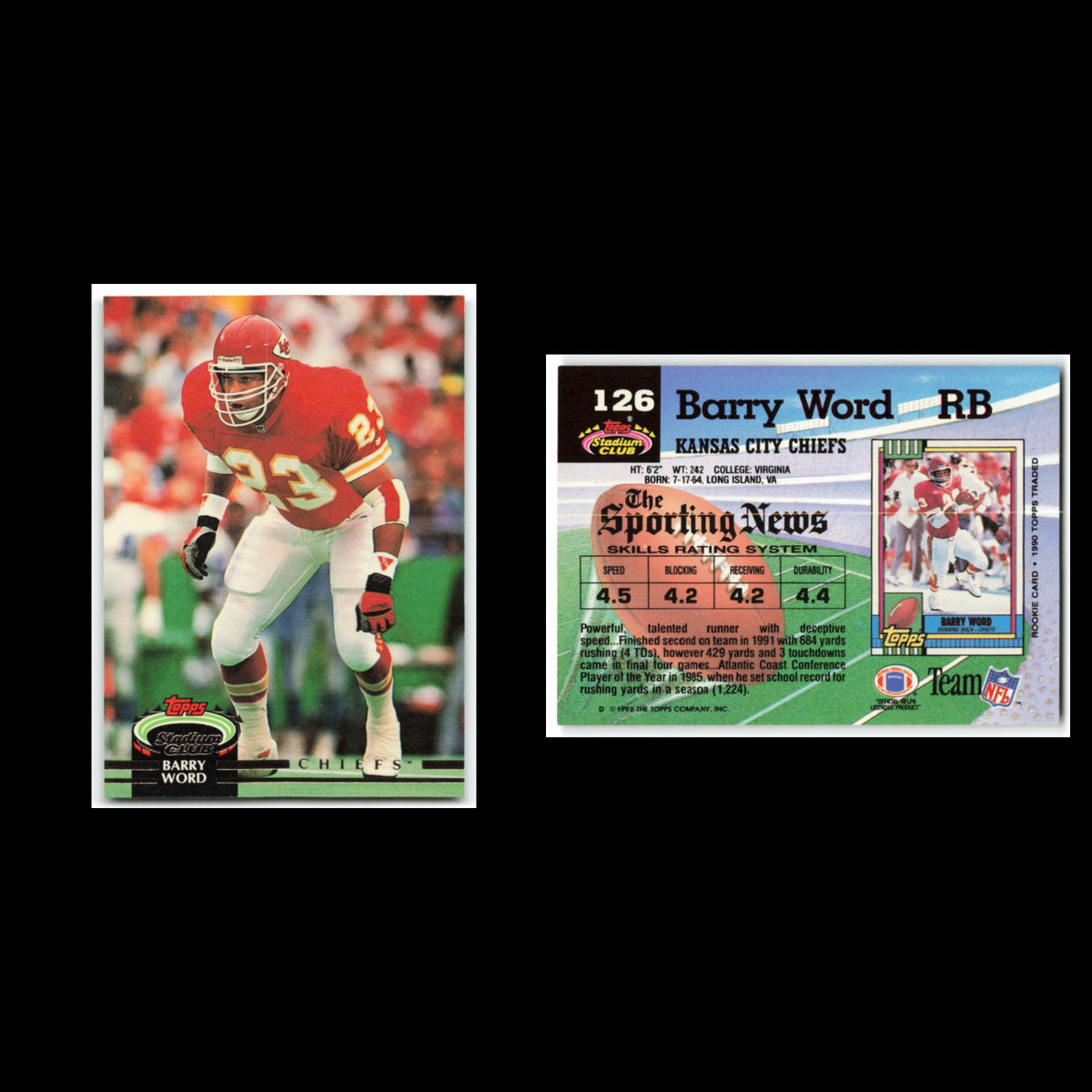 Barry Word #126 1992 Topps Stadium Club Kansas City Chiefs Football Card NFL NM