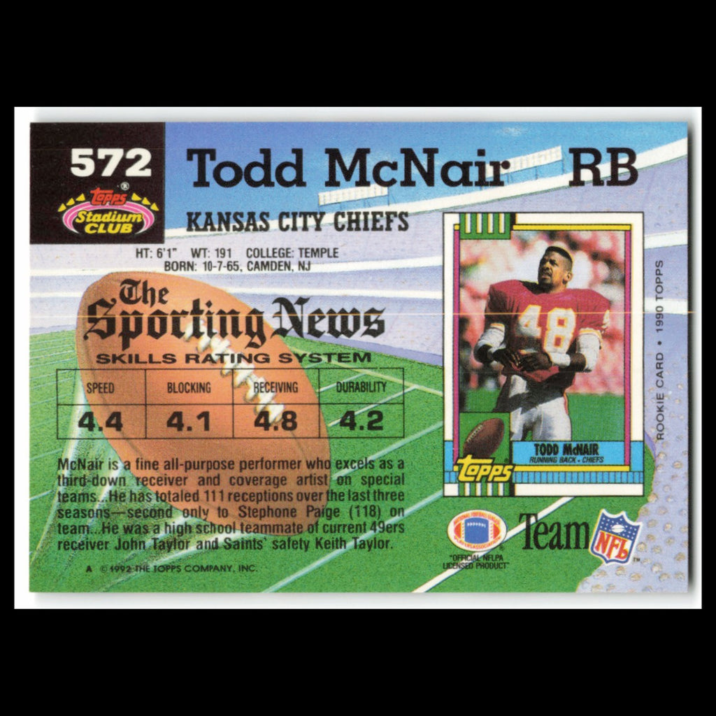 Todd McNair #572 1992 Topps Stadium Club Kansas City Chiefs Football Card NFL NM