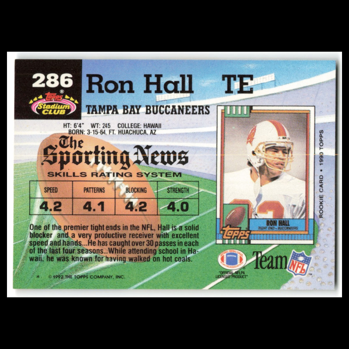 Ron Hall #286 1992 Topps Stadium Club Tampa Bay Buccaneers Football Card NFL NM