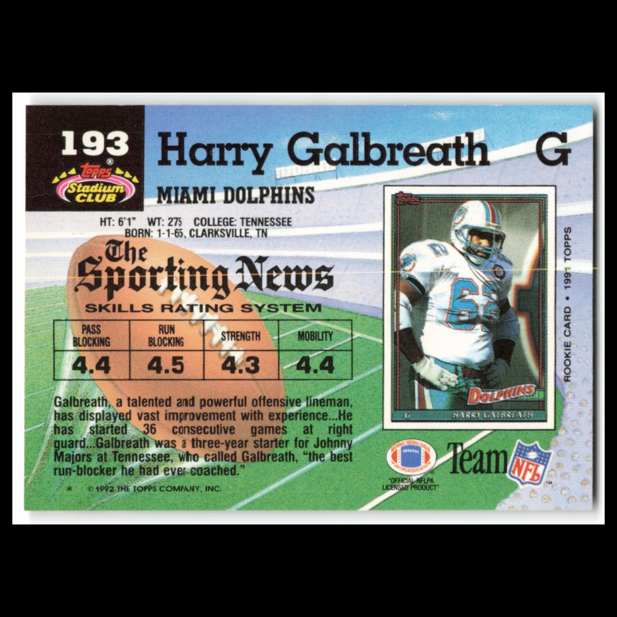 Harry Galbreath #193 1992 Topps Stadium Club Miami Dolphins Football Card NFL NM