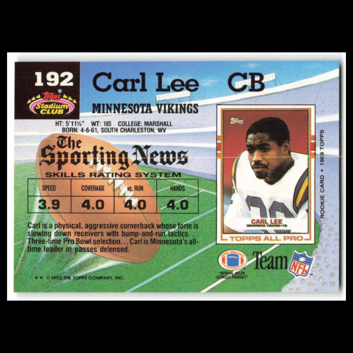 Carl Lee #192 1992 Topps Stadium Club Minnesota Vikings Football Card NFL NM