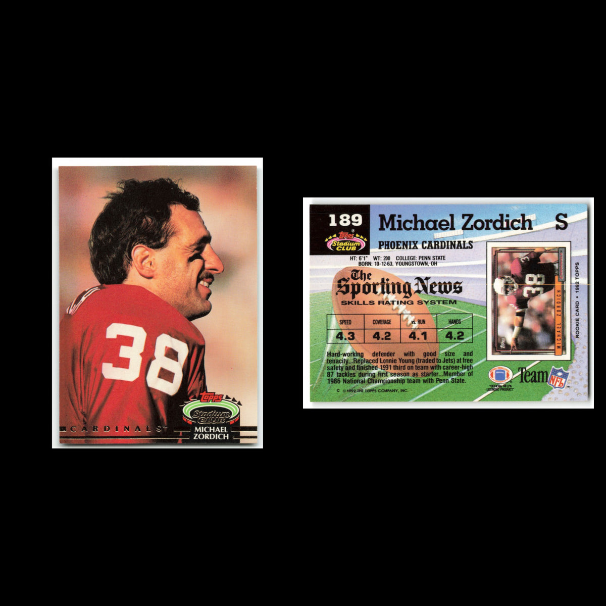 Michael Zordich #189 1992 Topps Stadium Club Phoenix Cardinals Football Card NFL