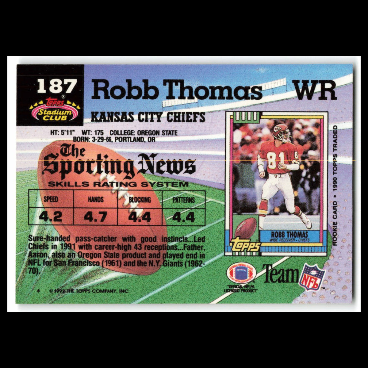 Robb Thomas #187 1992 Topps Stadium Club Kansas City Chiefs Football Card NFL NM