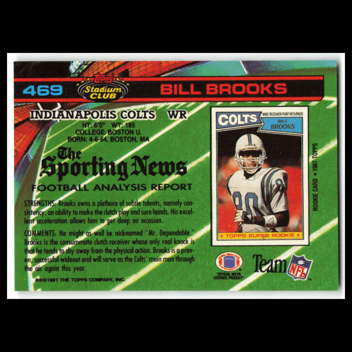 Bill Brooks #469 1991 Topps Stadium Club Indianapolis Colts Football Card NFL NM