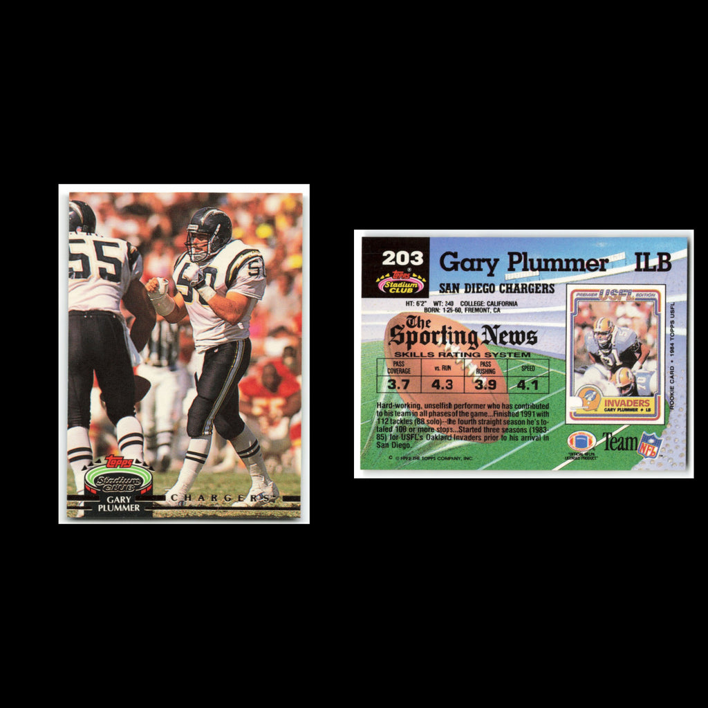 Gary Plummer #203 1992 Topps Stadium Club San Diego Chargers Football Card NFL