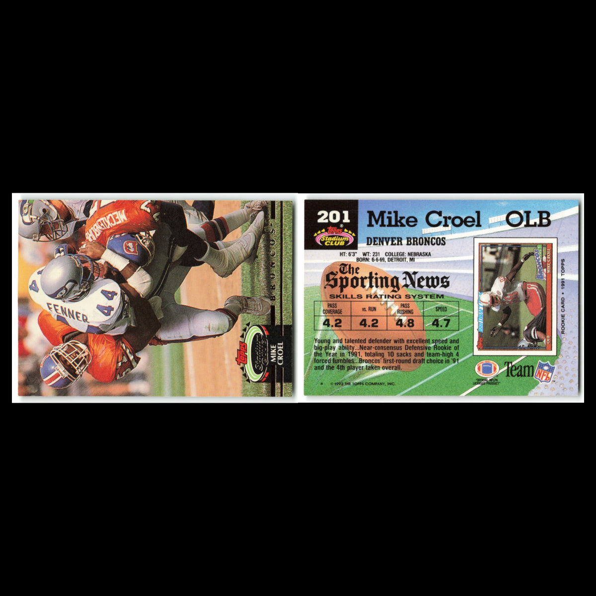 Mike Croel #201 1992 Topps Stadium Club Denver Broncos Football Card NFL NM