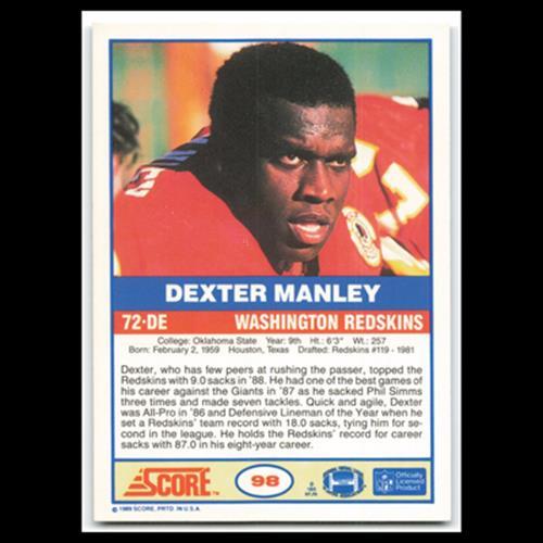 Dexter Manley #98 1989 Score Washington Redskins Football Card NFL NM