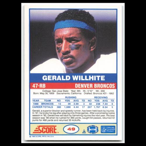 Gerald Willhite #49 1989 Score Denver Broncos Football Card NFL NM