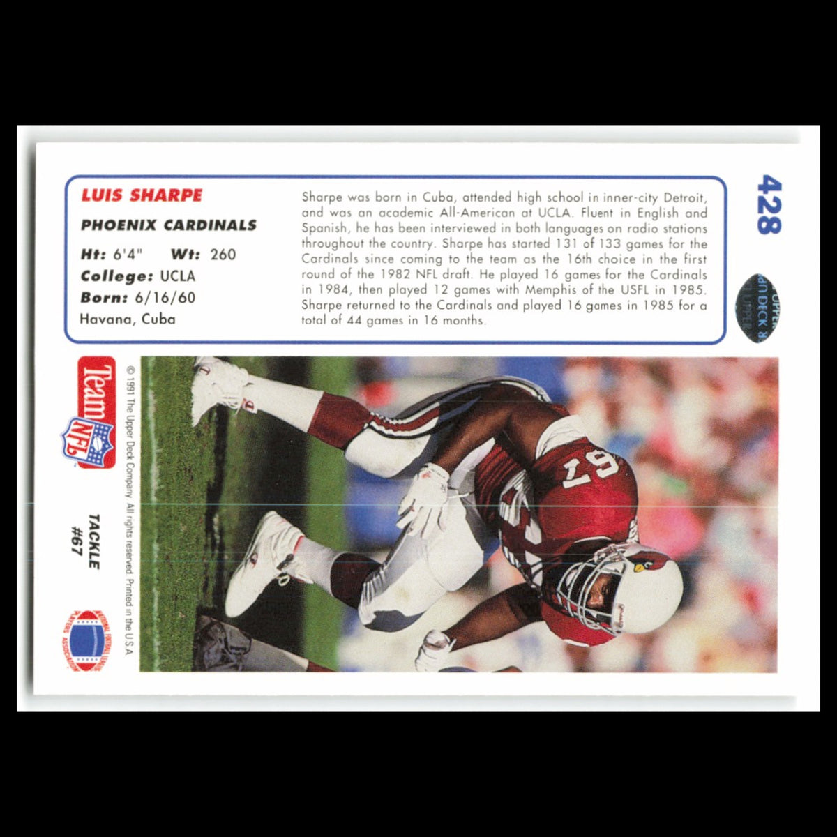 Luis Sharpe #428 1991 Upper Deck Phoenix Cardinals Football Card NFL NM