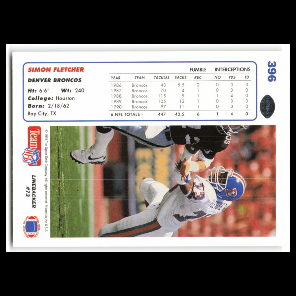 Simon Fletcher #396 1991 Upper Deck Denver Broncos Football Card NFL NM