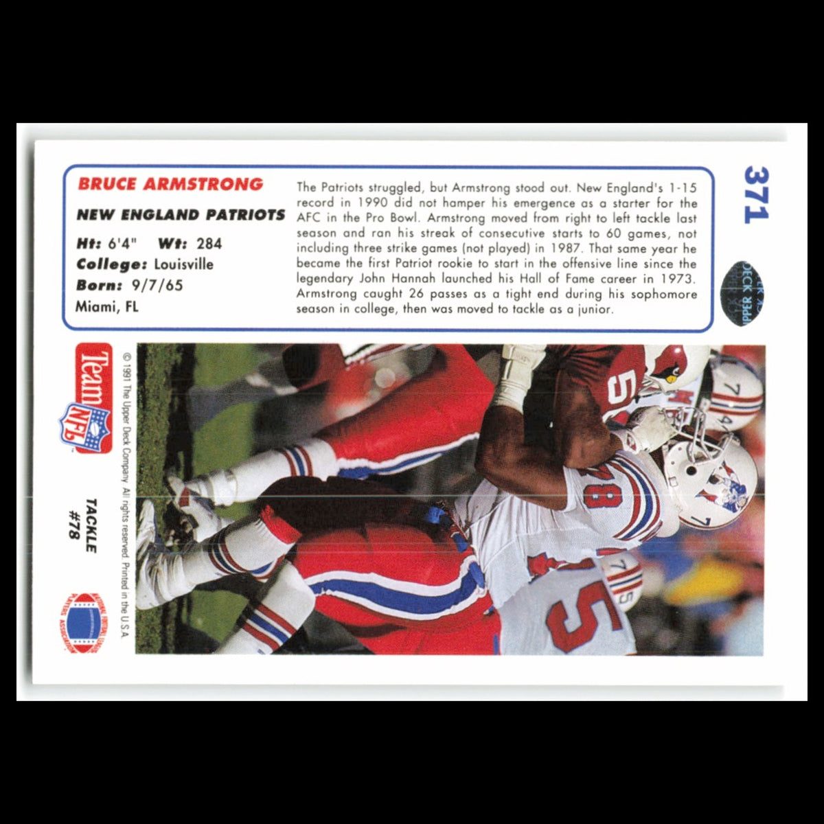 Bruce Armstrong #371 1991 Upper Deck New England Patriots Football Card NFL NM